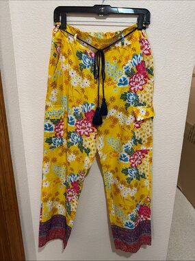 Sundance Yellow Floral Wide Leg Cargo Pants with Tassel Drawstring